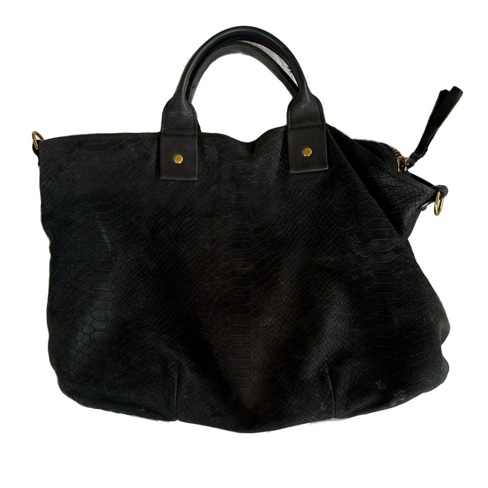Clare V. Medium black embossed suede satchel
